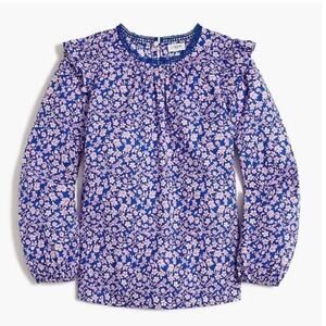 J.Crew Floral Ruffle Shoulder‎ Blouse Blue Cotton Size S Cottagecore